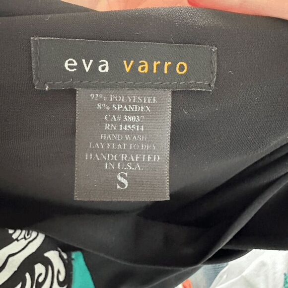 Eva Varro Teal & Black Paisley Print Tunic Top One Cold Shoulder Chic Art Size S - Picture 7 of 7